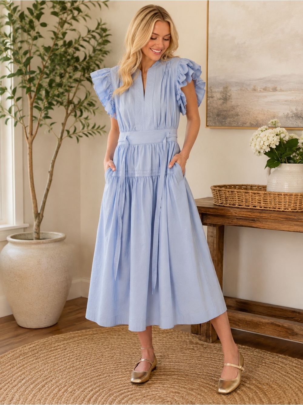 NEW Strut & Bolt Blue Ruffle Sleeve Midi Dress Size Large